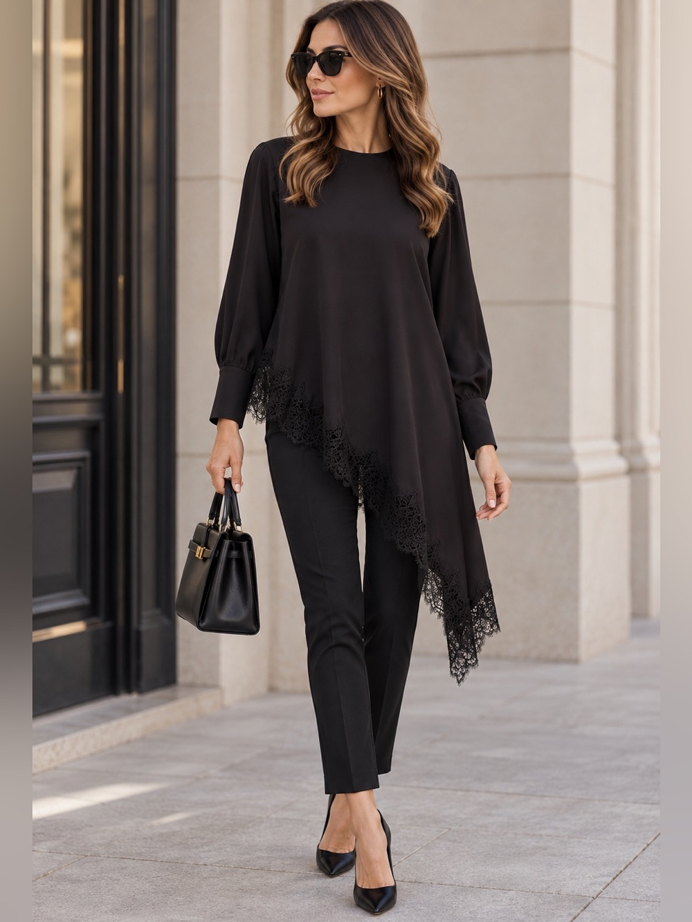 Zara Black Long-Sleeve Tunic with Lace Hem